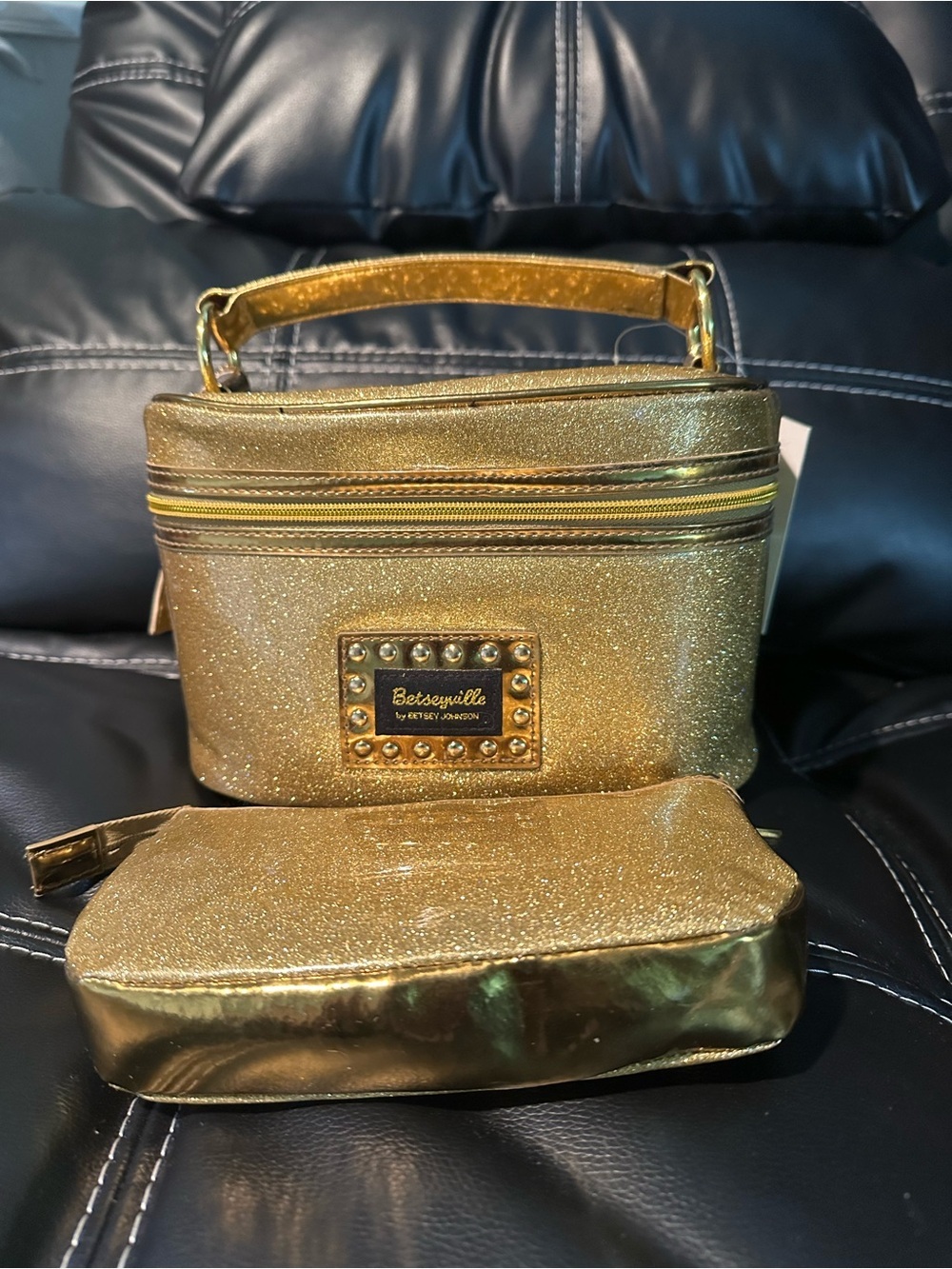 Betsey Johnson Gold Glitter Cosmetic Case Set